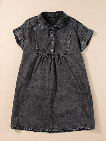 Vintage Black Denim Shirt Dress with Acid Wash Detail