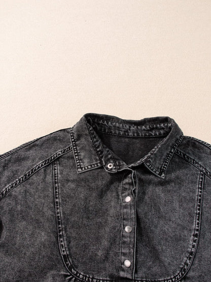 Vintage Black Denim Shirt Dress with Acid Wash Detail