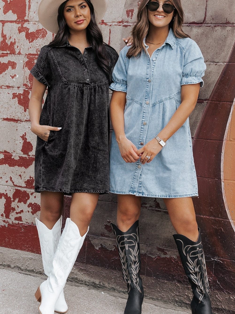 Vintage Black Denim Shirt Dress with Acid Wash Detail