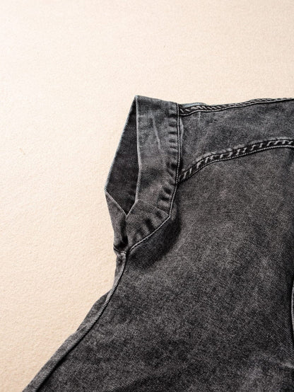 Vintage Black Denim Shirt Dress with Acid Wash Detail