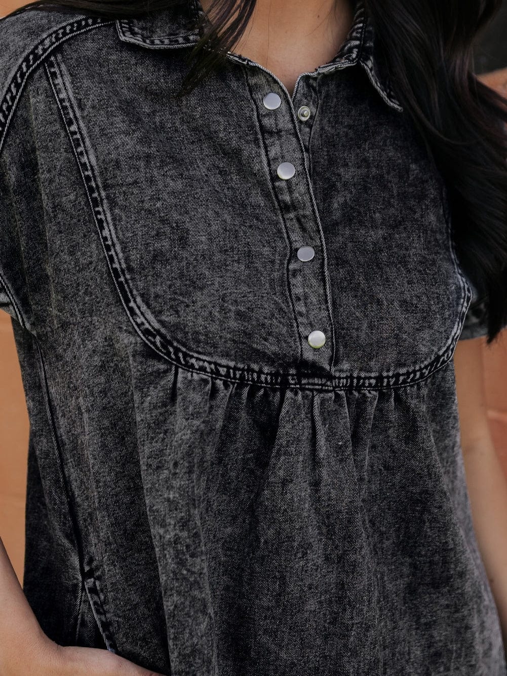 Vintage Black Denim Shirt Dress with Acid Wash Detail