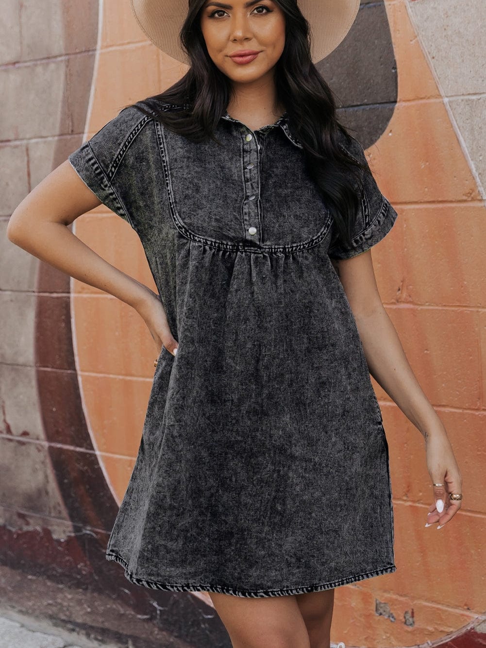Vintage Black Denim Shirt Dress with Acid Wash Detail