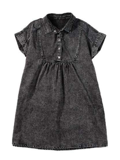 Vintage Black Denim Shirt Dress with Acid Wash Detail