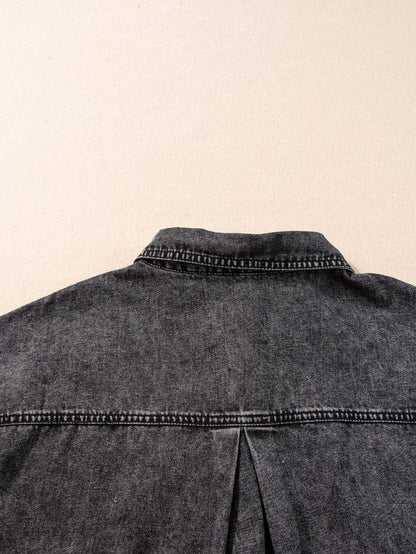 Vintage Black Denim Shirt Dress with Acid Wash Detail