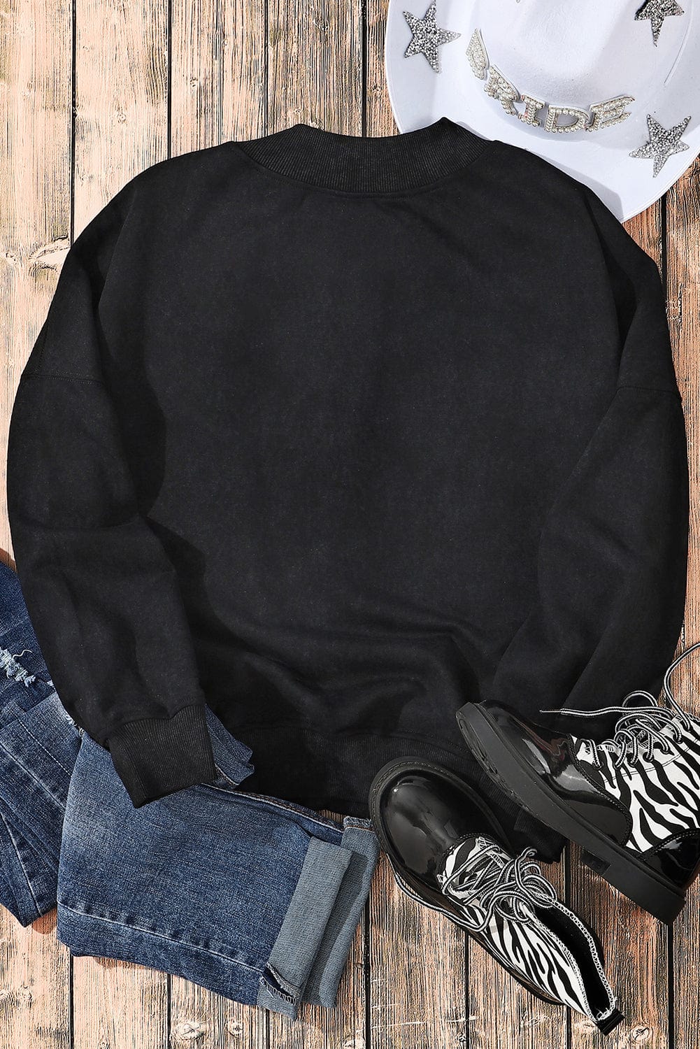 Vintage Blue Drop Shoulder Round Neck Pullover Sweatshirt