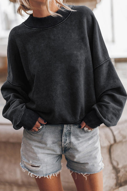 Vintage Blue Drop Shoulder Round Neck Pullover Sweatshirt