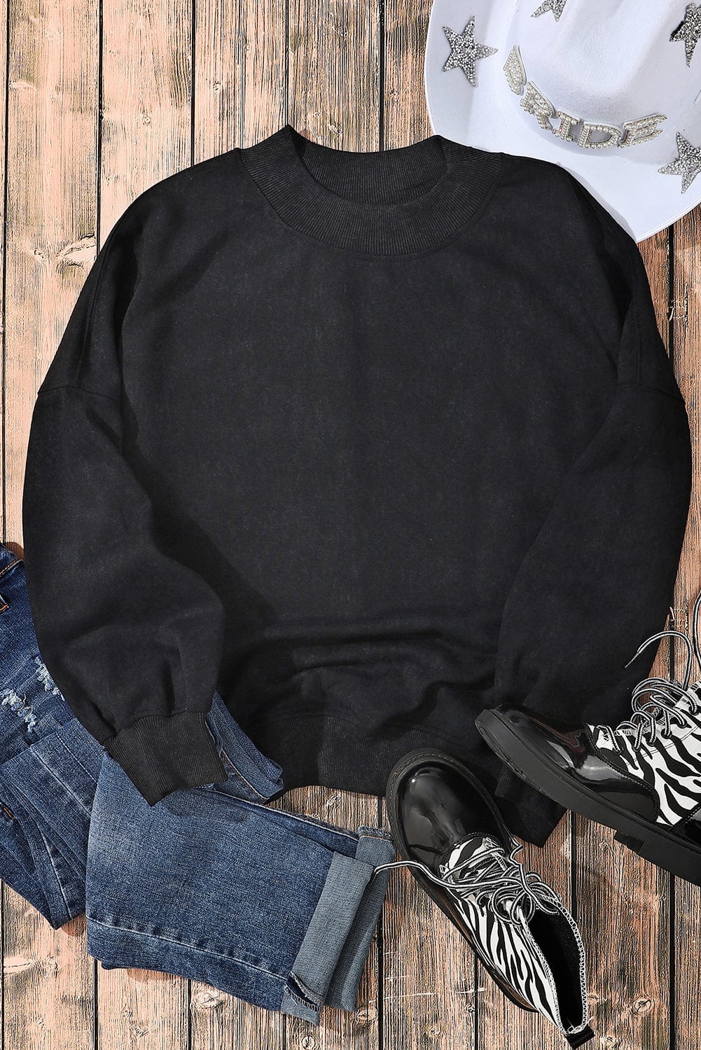 Vintage Blue Drop Shoulder Round Neck Pullover Sweatshirt