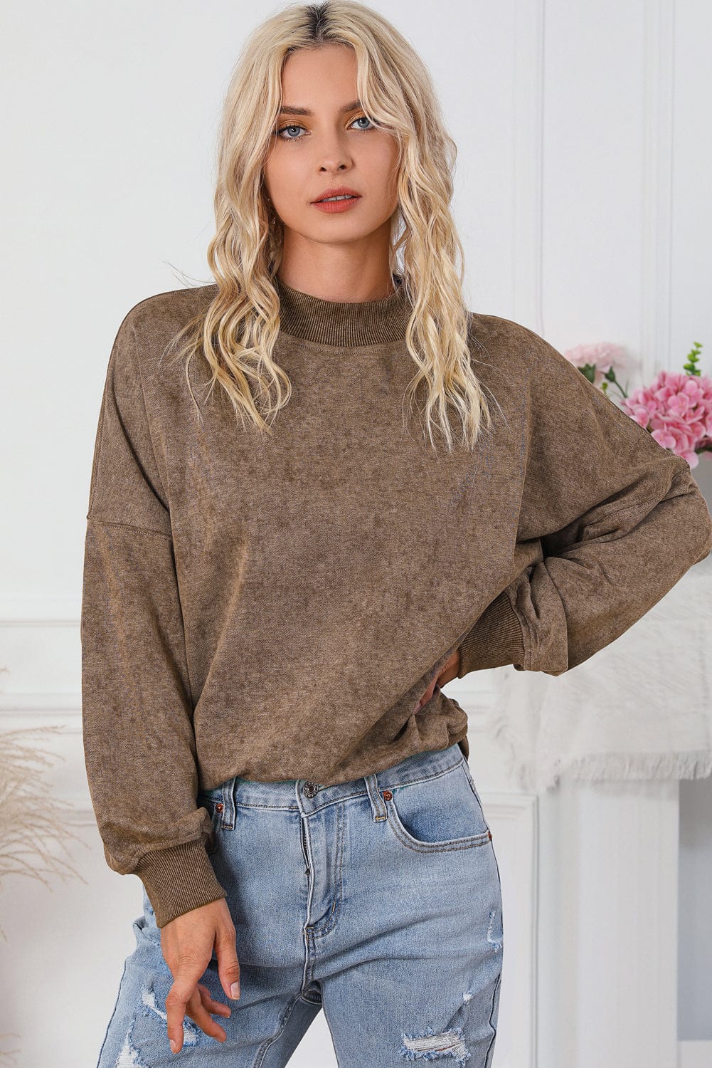 Vintage Brown Drop Shoulder Crew Neck Pullover Sweatshirt