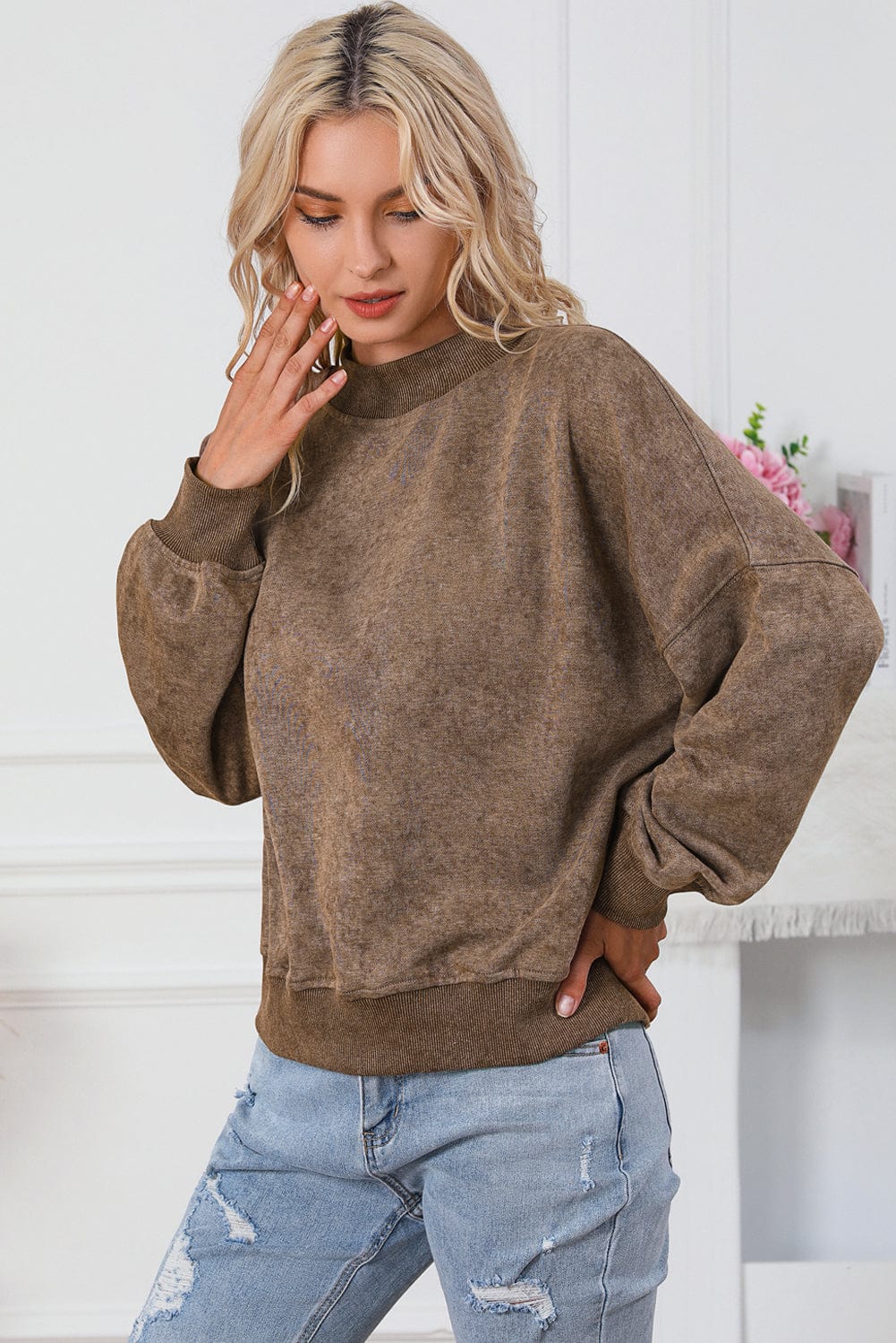 Vintage Brown Drop Shoulder Crew Neck Pullover Sweatshirt
