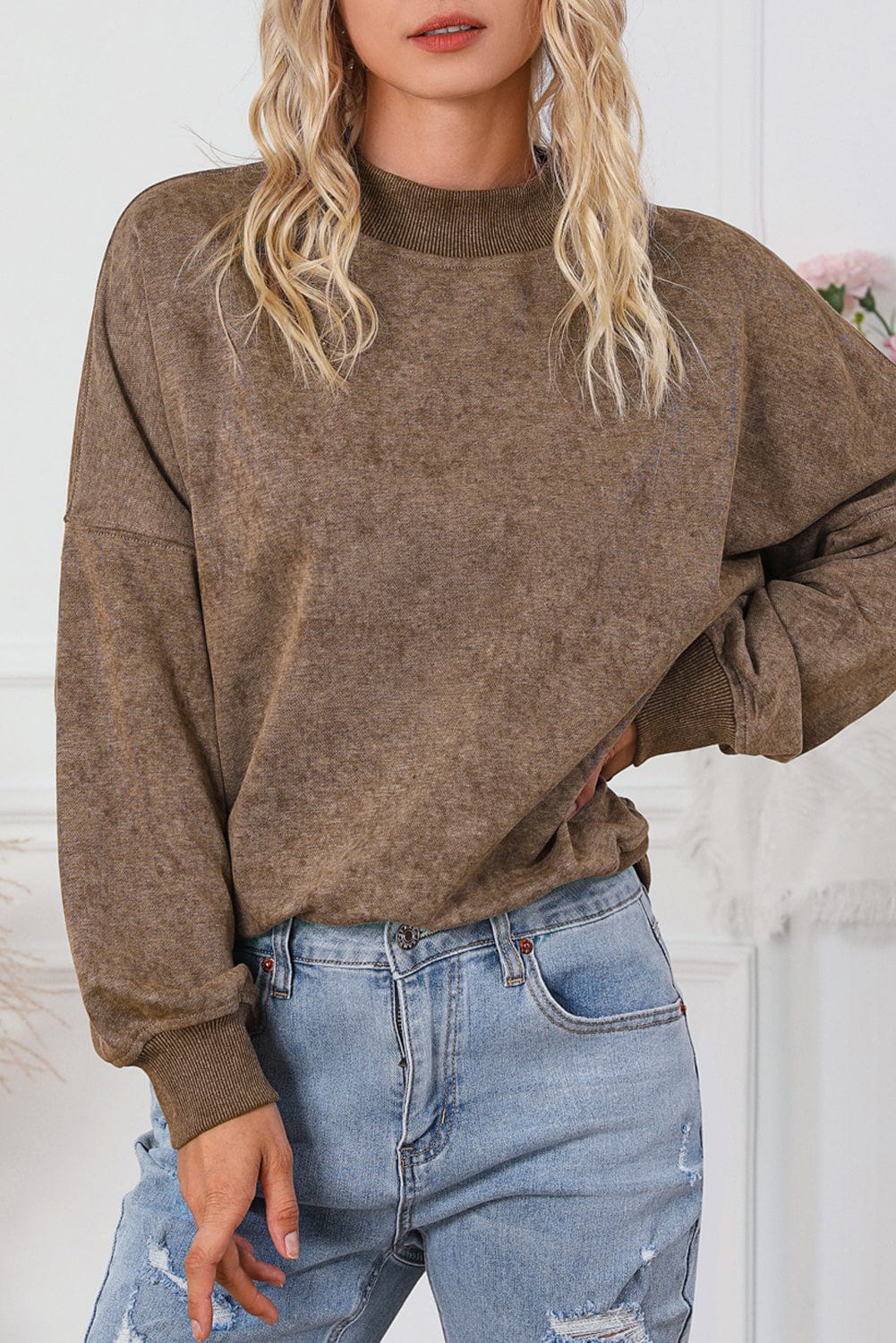 Vintage Brown Drop Shoulder Crew Neck Pullover Sweatshirt