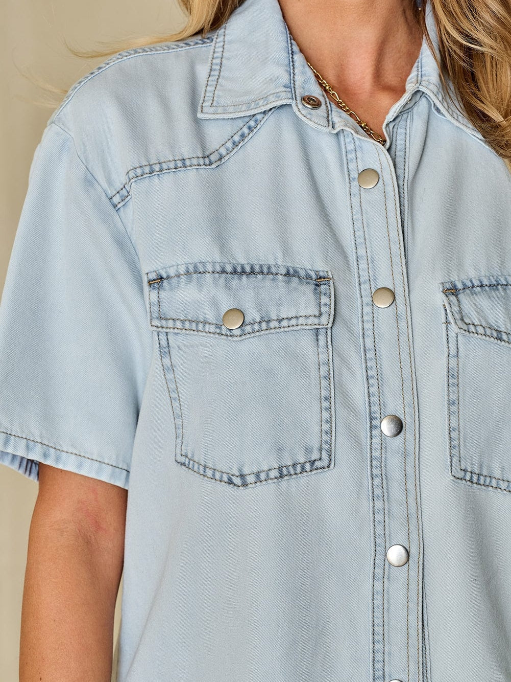Vintage Mist Blue Denim Flap Pocket Shirt with Rounded Hem