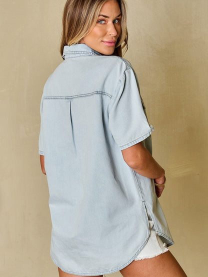 Vintage Mist Blue Denim Flap Pocket Shirt with Rounded Hem