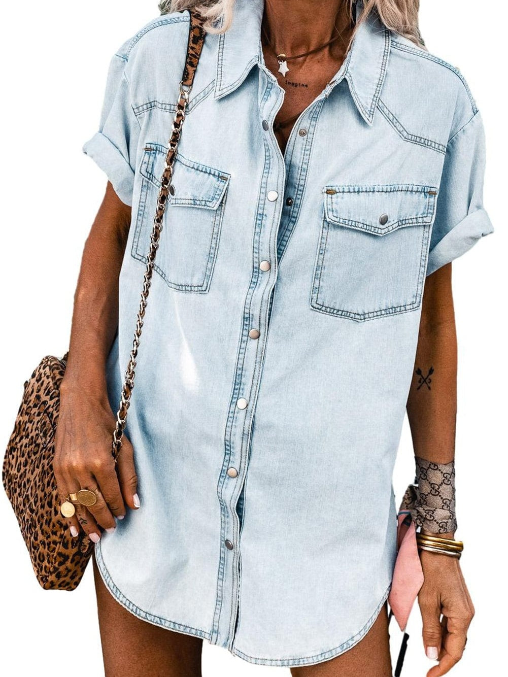 Vintage Mist Blue Denim Flap Pocket Shirt with Rounded Hem