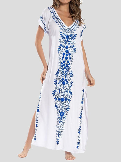Vintage Print V-Neck Maxi Dress with Slit
