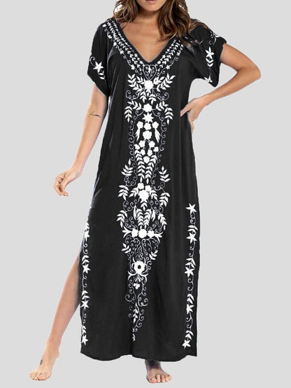 Vintage Print V-Neck Maxi Dress with Slit
