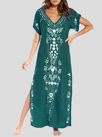 Vintage Print V-Neck Maxi Dress with Slit