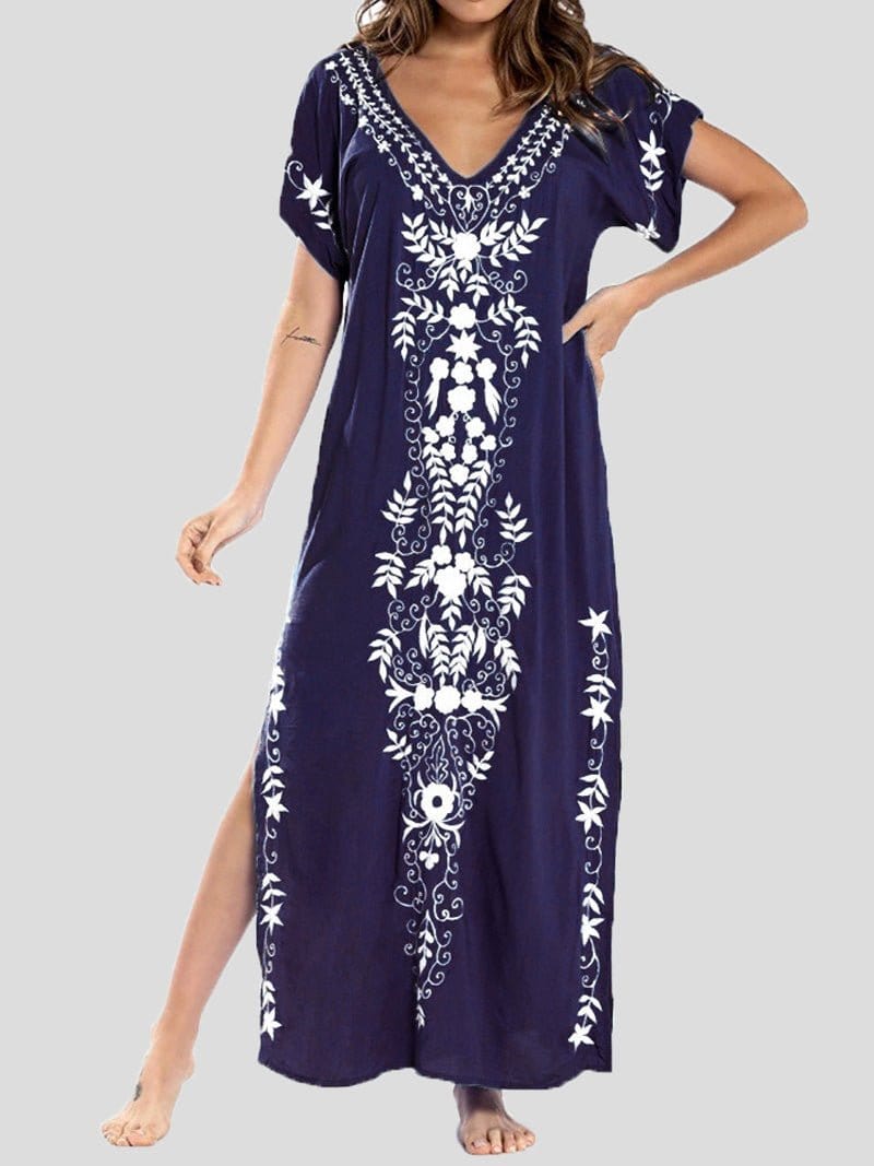 Vintage Print V-Neck Maxi Dress with Slit