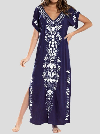 Vintage Print V-Neck Maxi Dress with Slit