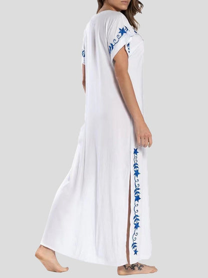 Vintage Print V-Neck Maxi Dress with Slit