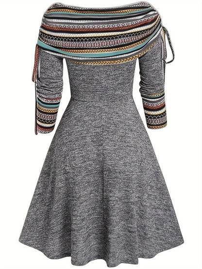 Vintage Printed A-line Off-Shoulder Drawstring Midi Dress