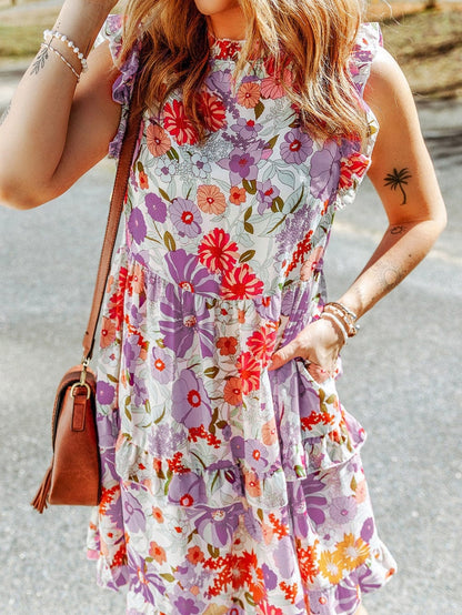 Violet and White Frilled Tank Dress with Floral Pattern