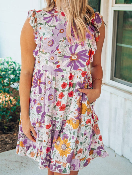 Violet and White Frilled Tank Dress with Floral Pattern