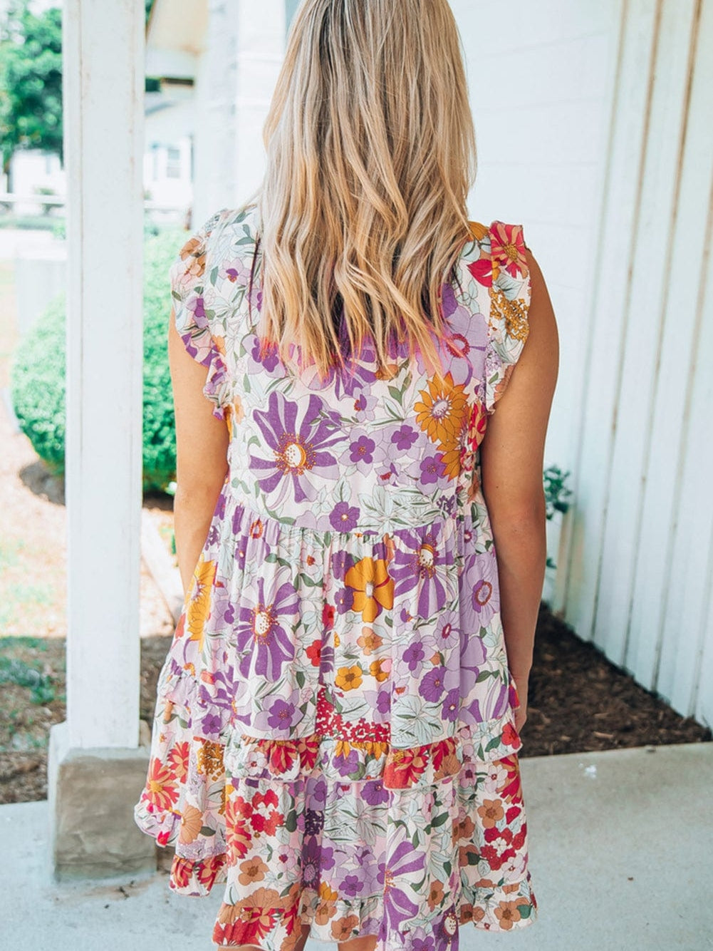 Violet and White Frilled Tank Dress with Floral Pattern