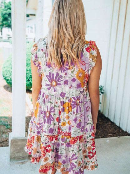 Violet and White Frilled Tank Dress with Floral Pattern
