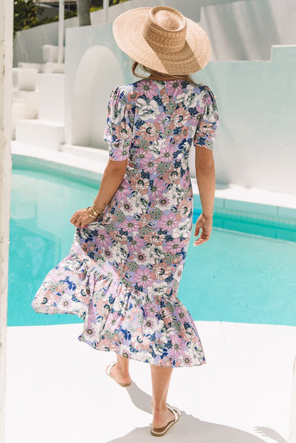 Violet Bohemian-Inspired Floral Print Puff-Sleeve Dress with Ruffled Hem