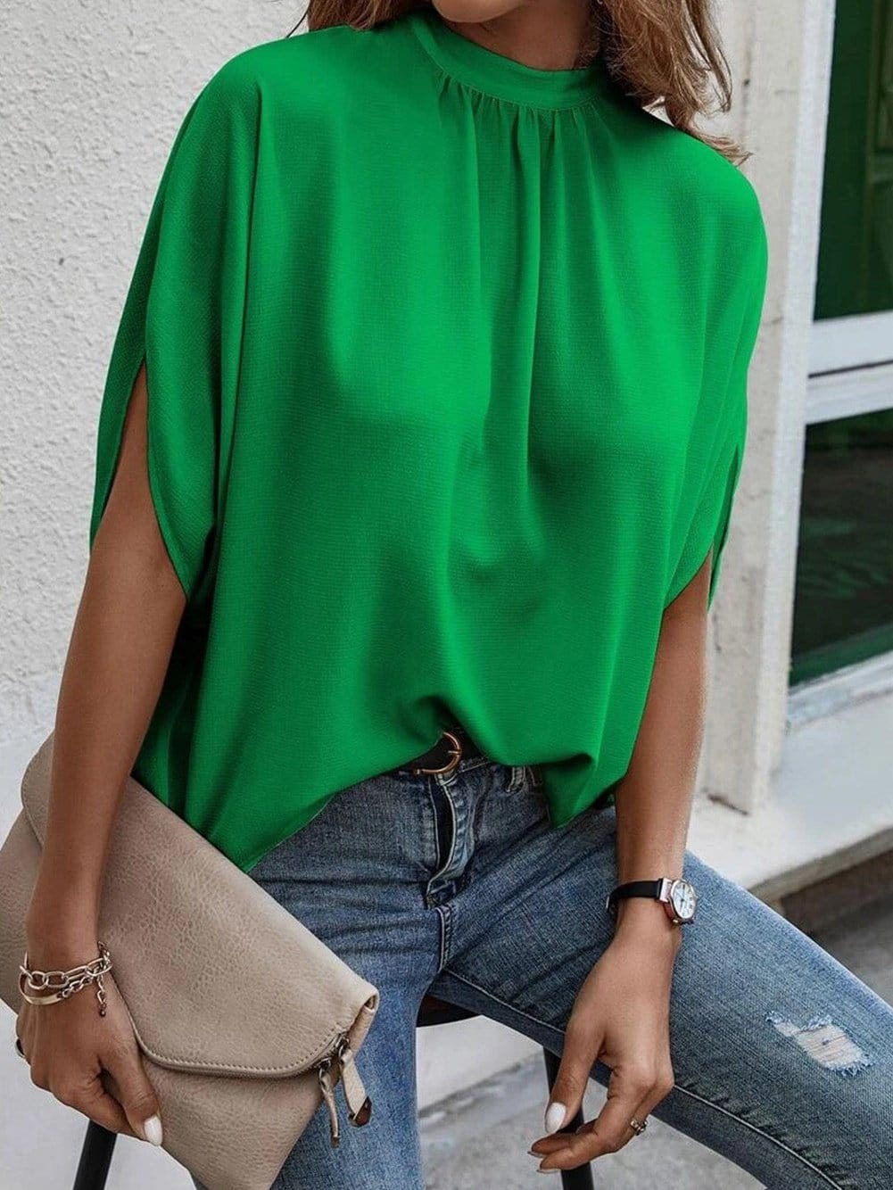 Vivid Lime Split Batwing Sleeve Top with High Neck
