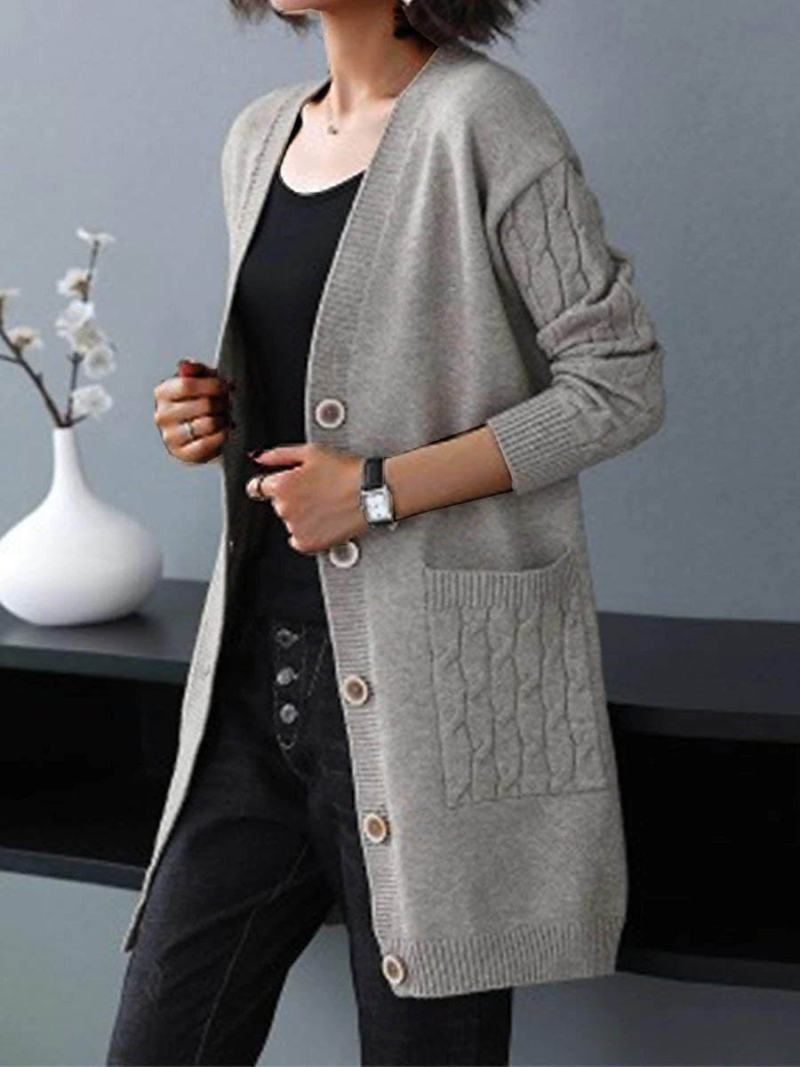 Women's Cardigan Sweater V Neck Cable Knit Knit Spandex Yarns Button Pocket Fall Winter Long Outdoor Daily Going out Stylish Casual Soft Long Sleeve Solid Color Black Red Blue S M L