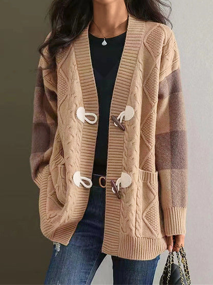 Women's Cardigan Sweater Jacket V Neck Cable Knit Acrylic Pocket Fall Winter Regular Outdoor Valentine's Day Daily Stylish Casual Soft Long Sleeve Plaid Red Navy Blue Green S M L