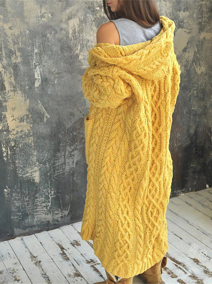 Women's Cardigan Sweater Hooded Cable Knit Polyester Pocket Hooded Fall Winter Long Outdoor Daily Going out Stylish Casual Soft Long Sleeve Solid Color Black Yellow Pink S M L