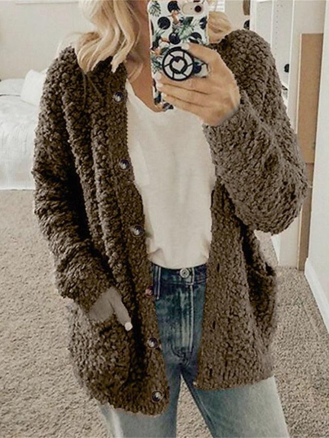 Women's Cardigan Sweater Cowl Ribbed Knit Polyester Pocket Fall Winter Home Daily Holiday Stylish Casual Soft Long Sleeve Solid Color Maillard Black White Pink S M L