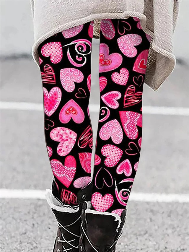 Women's Leggings Polyester Heart Wine Black Active High Waist Long Valentine's Day Vacation Spring
