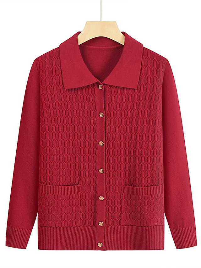 Women's Cardigan Shirt Collar Cable Knit Polyester Button Pocket Knitted Fall Winter Regular Outdoor Christmas New Year Fashion Casual Soft Long Sleeve Floral Red Purple Fuchsia XL 2XL 3XL