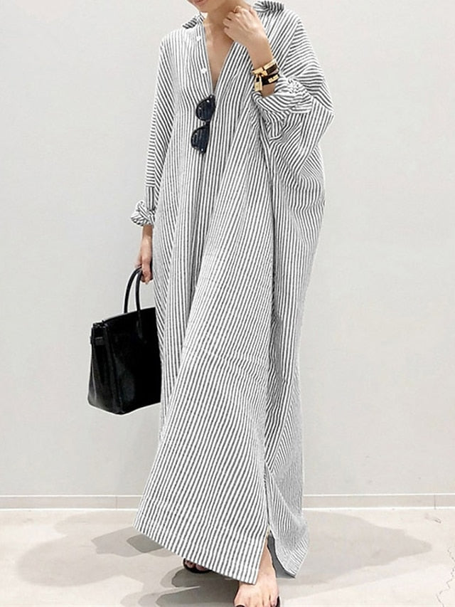 Women's Dress - Casual Dress Cotton Dress Shift Dress Maxi long Dress Cotton Basic Casual Outdoor Winter Dress Daily Shirt Collar Button Split Long Sleeve Summer Winter Fall Spring 2023 Black White Blue