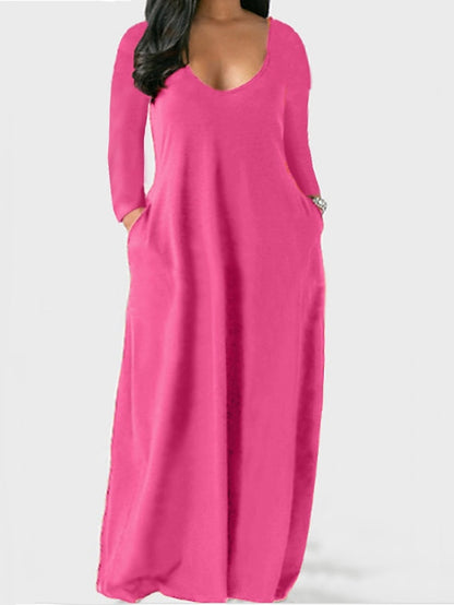 Women's Dress - Plus Size Shift Dress Solid Color Boat Neck Long Sleeve Spring Fall Basic Casual Maxi long Dress Daily Vacation Dress