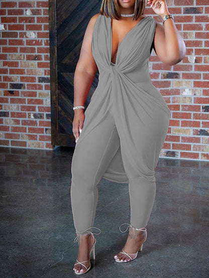 Women's Jumpsuit High Waist Solid Color V Neck Streetwear Street Holiday Regular Fit Sleeveless Black White Yellow L XL XXL Summer - LuckyFash™