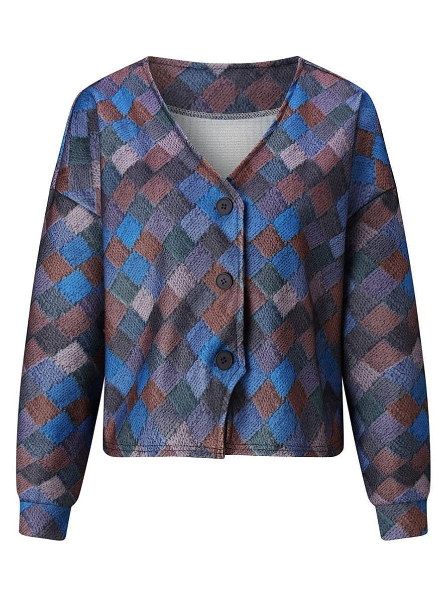 Women's Casual Jacket Street Daily Wear Vacation Fall Winter Regular Coat V Neck Loose Fit Windproof Breathable Stylish Sporty Chic & Modern Jacket Long Sleeve Stripes and Plaid Print Red Blue Green