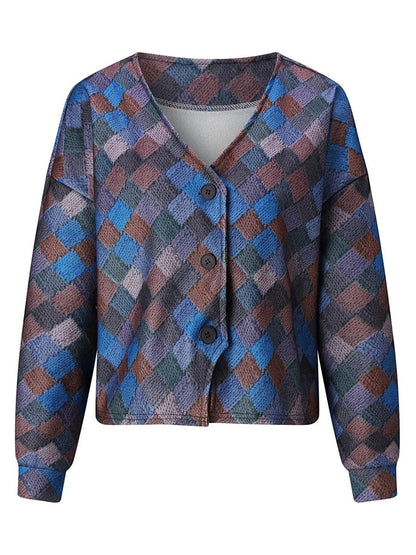 Women's Casual Jacket Street Daily Wear Vacation Fall Winter Regular Coat V Neck Loose Fit Windproof Breathable Stylish Sporty Chic & Modern Jacket Long Sleeve Stripes and Plaid Print Red Blue Green