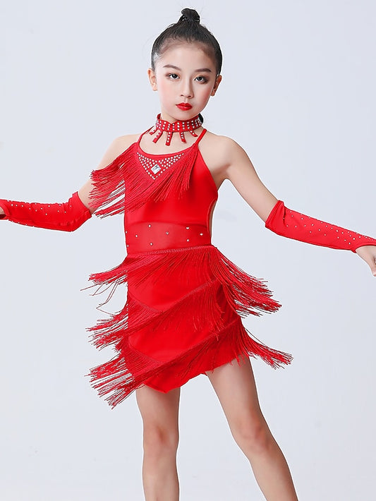 Latin Dance Dress Tassel Side Draping Ruching Girls' Performance Training Sleeveless Polyester - LuckyFash™