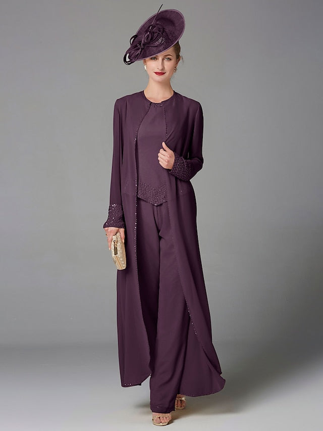 Jumpsuit / Pantsuit 3 Piece Mother of the Bride Dress Formal Plus Size Elegant Wrap Included Bateau Neck Floor Length Chiffon Sleeveless with Beading Appliques 2023 - LuckyFash™