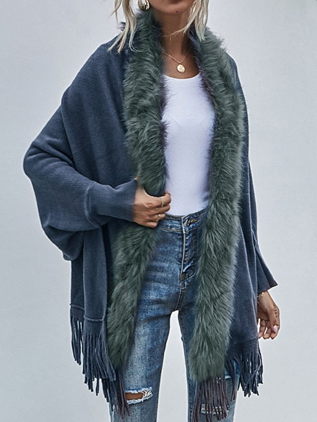 Women's Poncho Sweater Open Front Ribbed Knit Acrylic Tassel Knitted Fall Winter Tunic Outdoor Daily Going out Stylish Casual Soft Long Sleeve Pure Color Black Pink Wine S M L