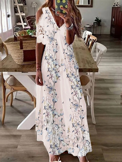 Women's Dress - Casual Dress Swing Dress Long Dress Maxi Dress Beige Short Sleeve Floral Cold Shoulder Spring Summer V Neck Vacation Loose Fit 2023 S M L XL XXL 3XL