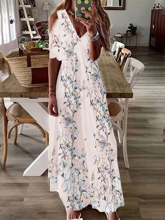 Women's Dress - Casual Dress Swing Dress Long Dress Maxi Dress Beige Short Sleeve Floral Cold Shoulder Spring Summer V Neck Vacation Loose Fit 2023 S M L XL XXL 3XL