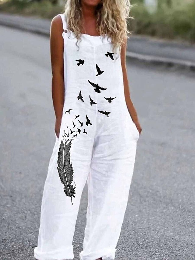 Jumpsuits for Women Summer Overall Pocket Print Floral Square Neck Streetwear Daily Vacation Regular Fit Sleeveless Black White Yellow S M L Summer - LuckyFash™