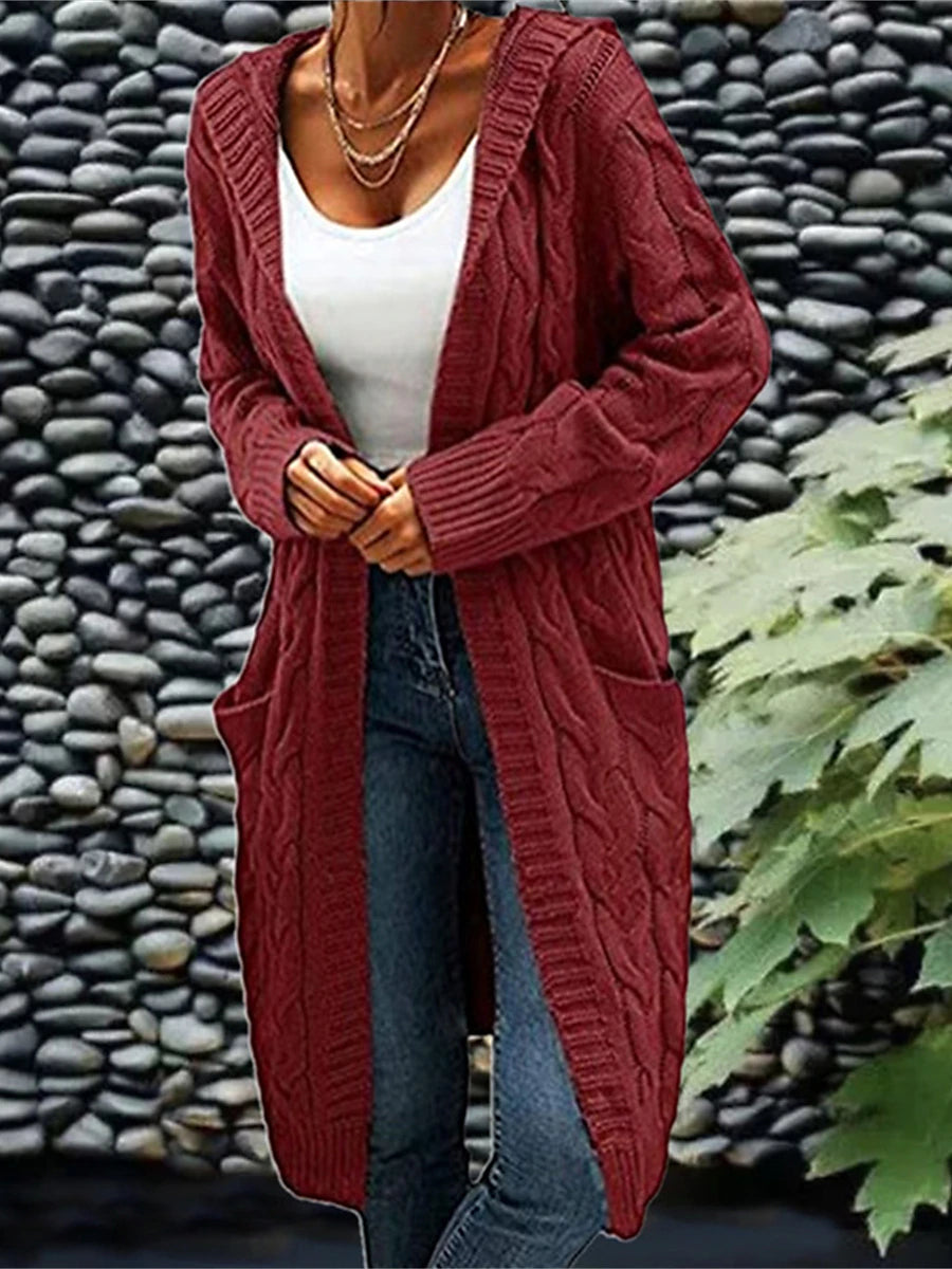 Women's Cardigan Hooded Cable Knit Polyester Pocket Knitted Fall Winter Regular Outdoor Daily Going out Fashion Streetwear Casual Long Sleeve Solid Color Wine Army Green Purple S M L