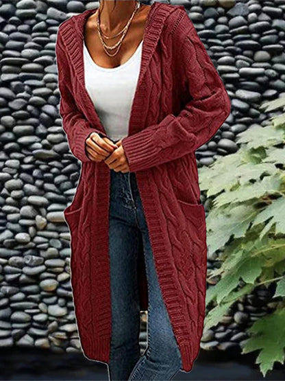 Women's Cardigan Hooded Cable Knit Polyester Pocket Knitted Fall Winter Regular Outdoor Daily Going out Fashion Streetwear Casual Long Sleeve Solid Color Wine Army Green Purple S M L