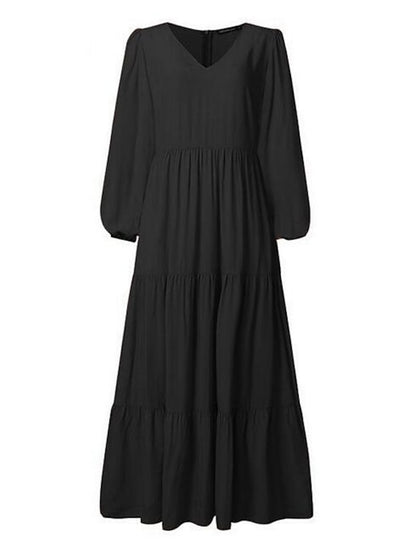 Women's Dress - Swing Dress Long Dress Maxi Dress Dark Green Brown Black Long Sleeve Pure Color Ruched Pleated Patchwork Fall Spring V Neck Boho Casual Fall Dress Lantern Sleeve Loose Fit M L XL XXL XXXL 4XL